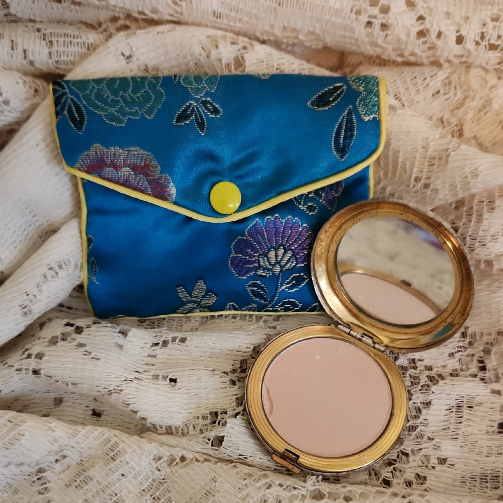Vintage Small Round Metal Compact with Mirror in Silk Travel Pouch